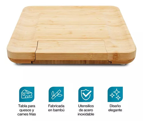 Tabla Para Quesos De Madera Bambu 4 Accesorios