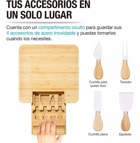 Tabla Para Quesos De Madera Bambu 4 Accesorios